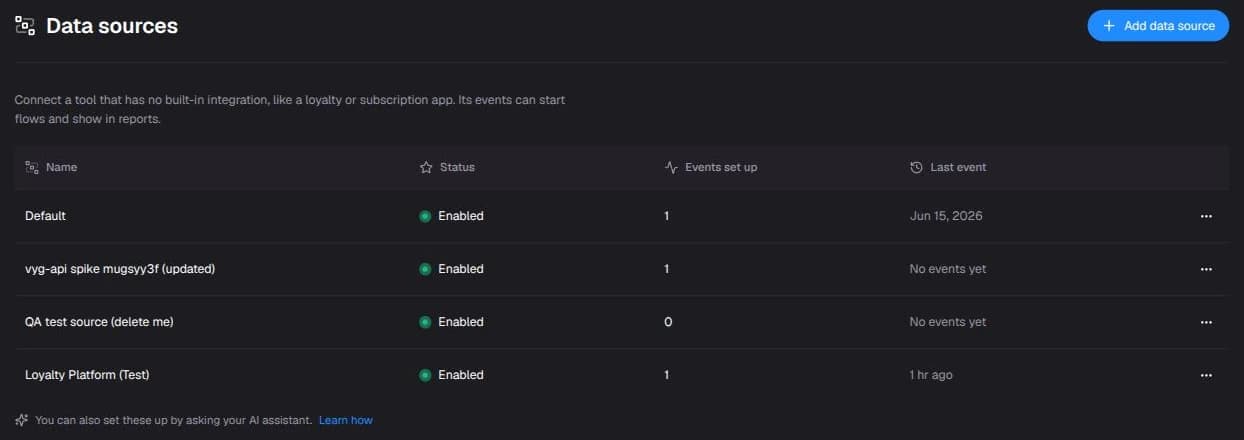 The Data sources list in VYG settings