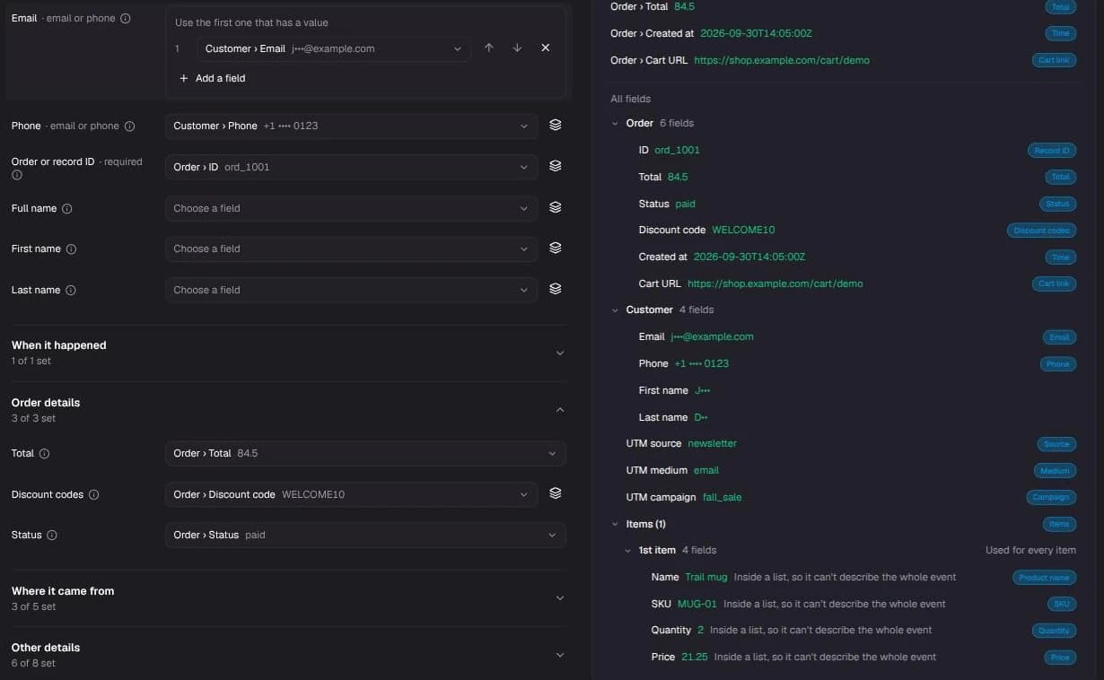 The event editor with the Customer and Order details groups and the example panel