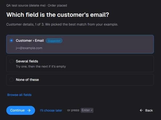 The customer email step with a suggested field