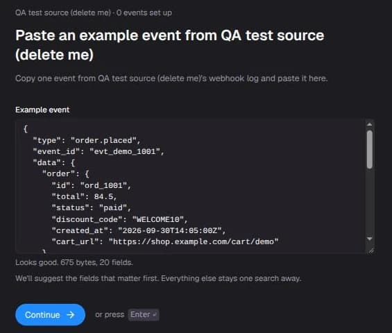 The Example event step with a pasted event