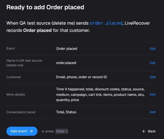 The Review step of the add-event flow