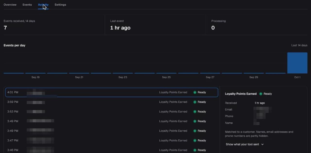 The Activity tab with the received events and the event inspector